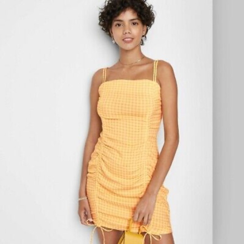 Wild Fable Ruched Bodycon Yellow and Pink Gingham Mini Dress, size XXL - Picture 7 of 7